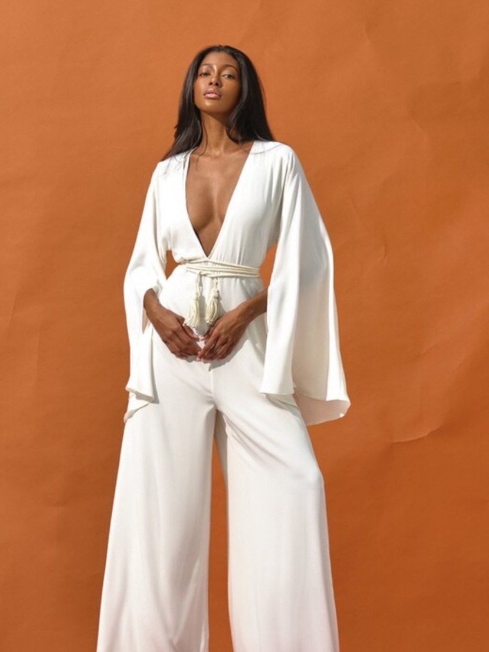 Andrea Iyamah Lili Cape White Wide-Leg Jumpsuit Cover Up with Tie Belt NWT S/M
